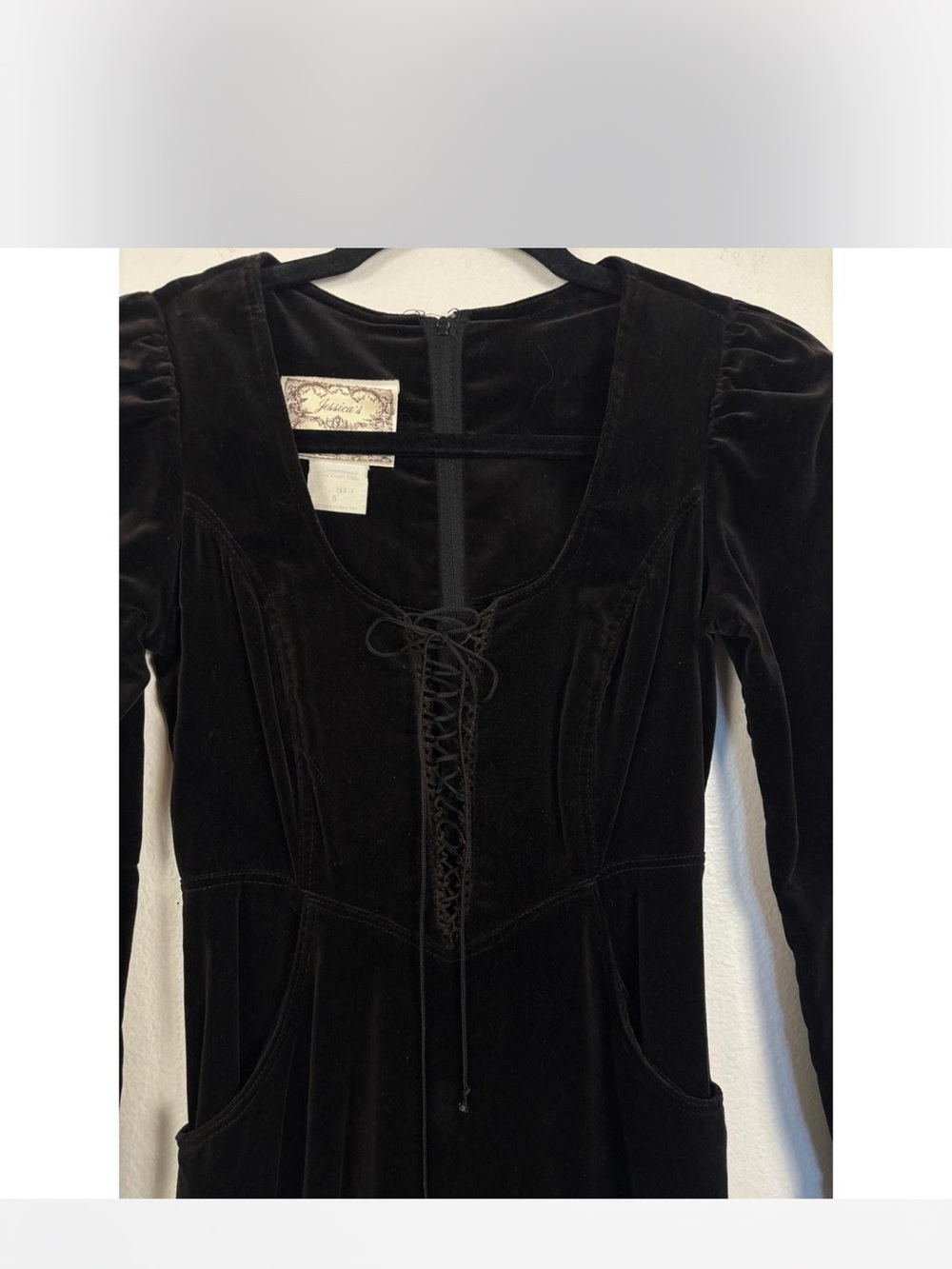 Gothic Black Gunne Sax Black Velvet Lace-Up Maxi Dress
